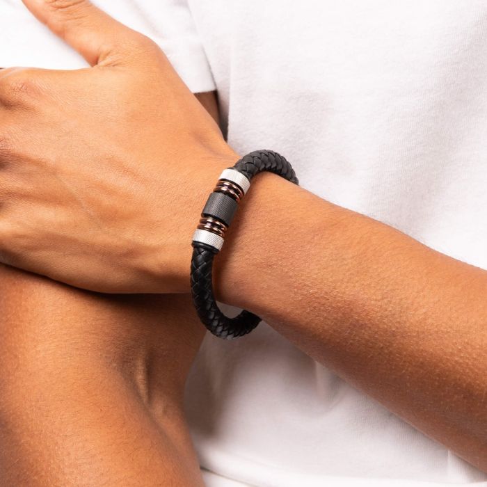 Fred Bennett Black Leather Woven Bracelet with IP Clasp