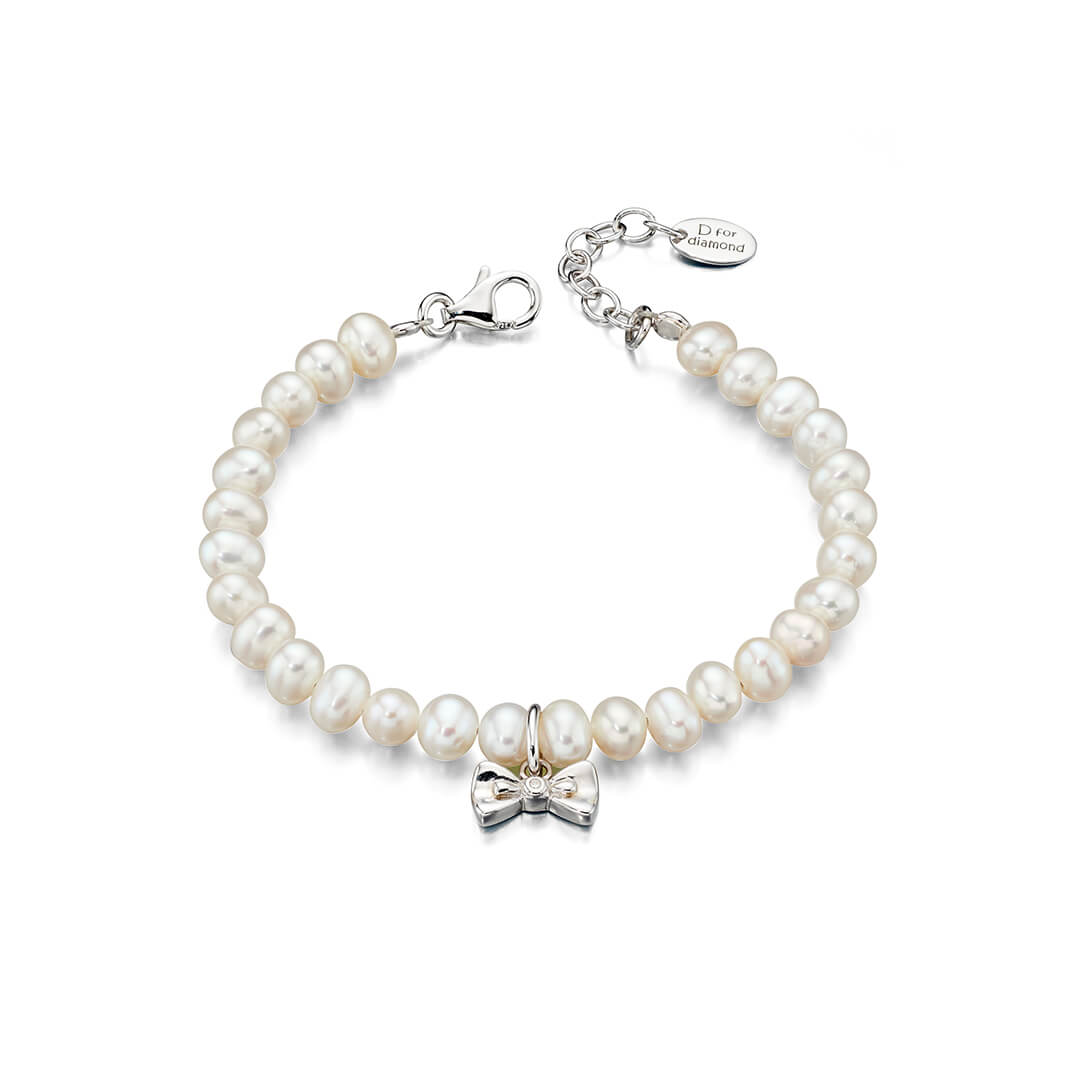 D For Diamond Shell Pearl and Bow Charm Bracelet with Diamond