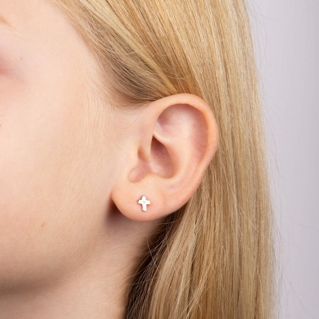 D For Diamond Cross Stud Earrings with Diamond