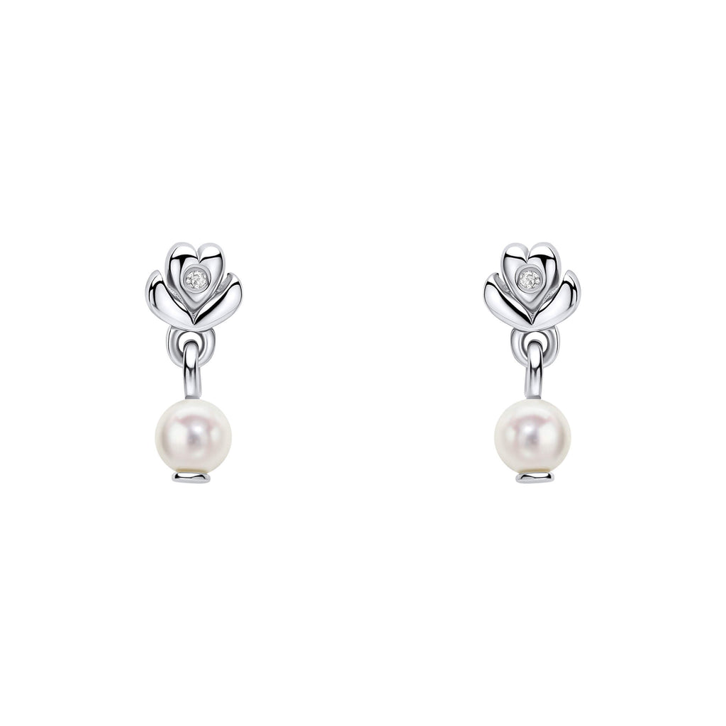 D For Diamond Flower Stud Earrings with Freshwater Pearl Drop and Diamond