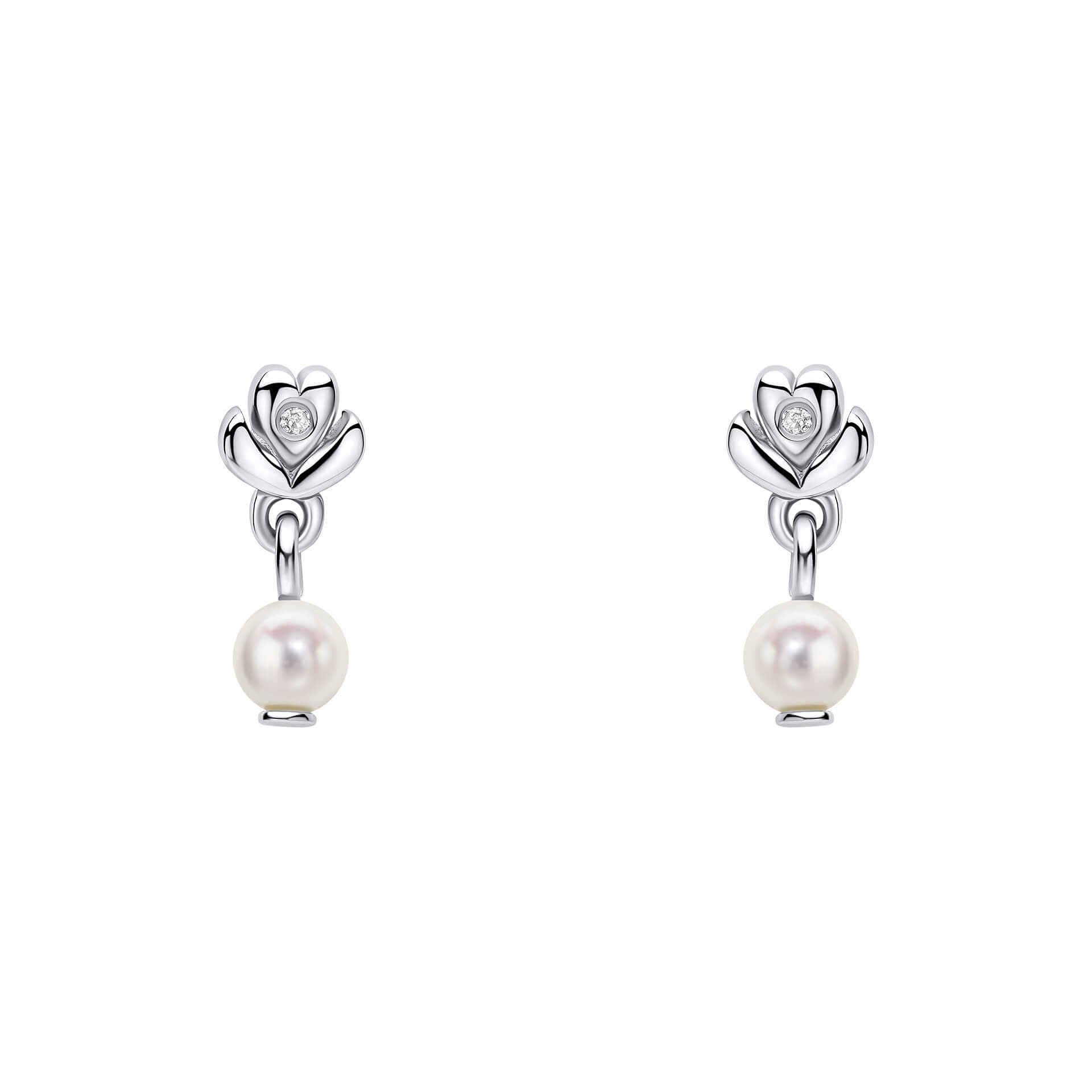 D For Diamond Flower Stud Earrings with Freshwater Pearl Drop and Diamond