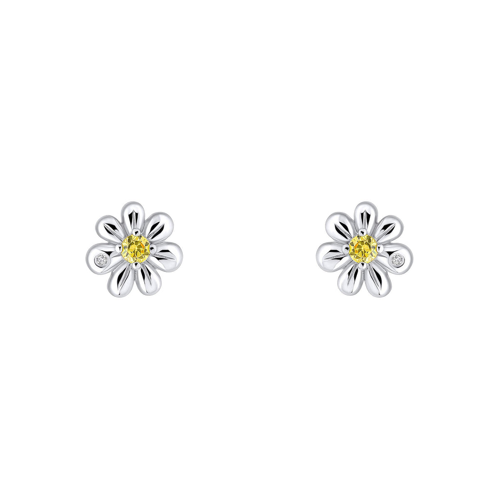 D For Diamond Daisy Stud Earrings with Yellow CZ and Diamond
