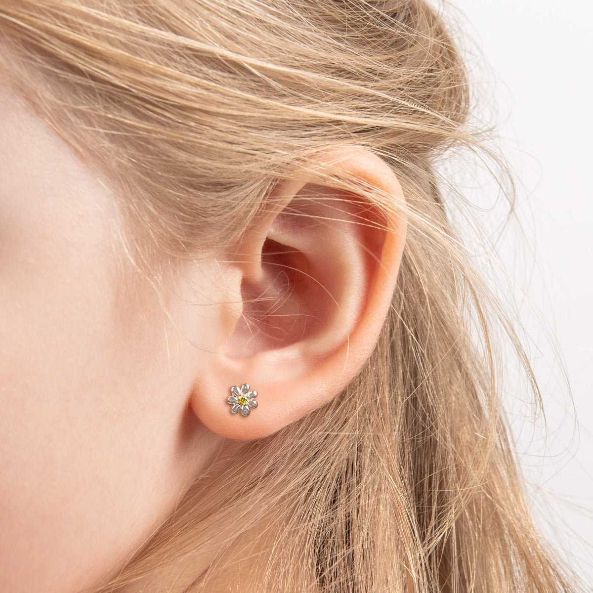 D For Diamond Daisy Stud Earrings with Yellow CZ and Diamond