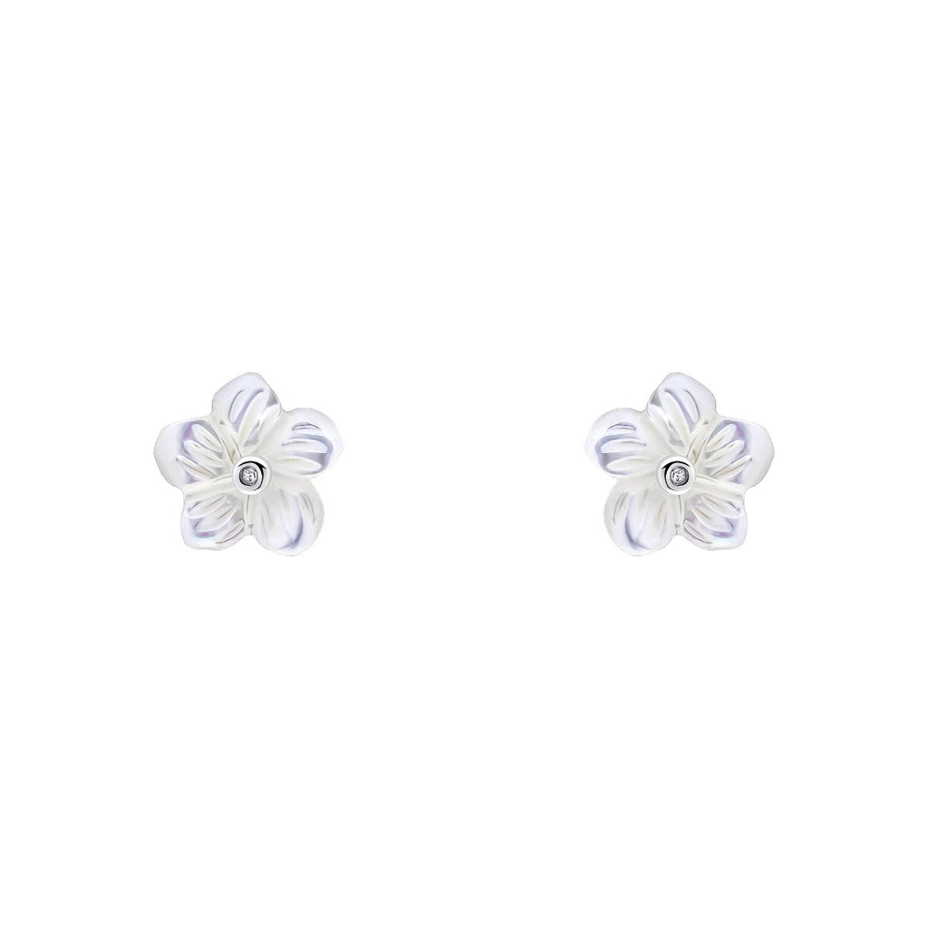 D For Diamond Carved Mother of Pearl Flower Stud Earrings with Diamond