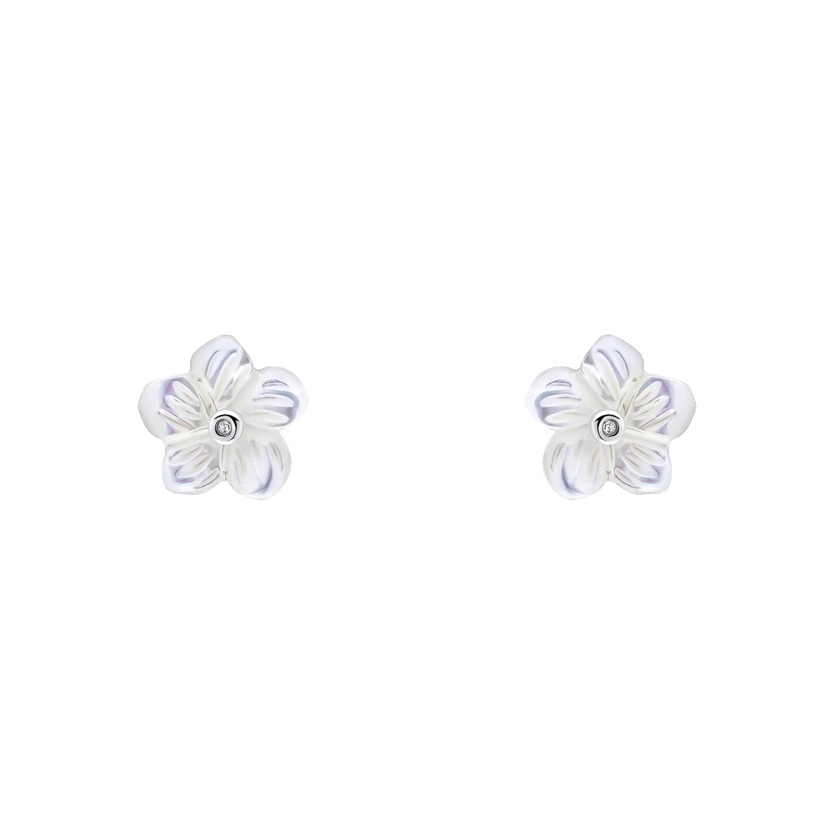 D For Diamond Carved Mother of Pearl Flower Stud Earrings with Diamond