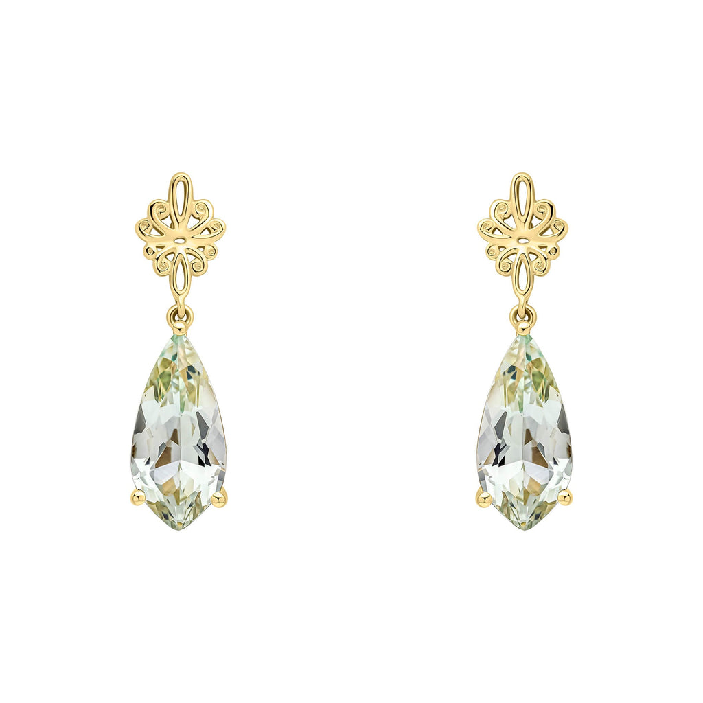 Elements Gold Fancy Cut Green Quartz Drop Earrings with Swirl Detail