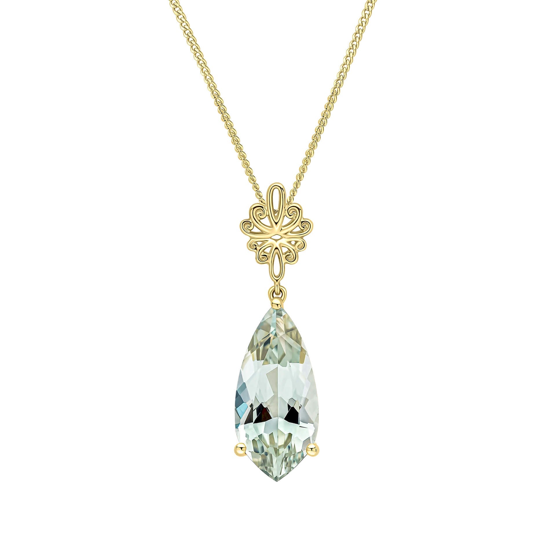 Elements Gold Fancy Cut Green Quartz Drop Pendant with Swirl Detail Bale