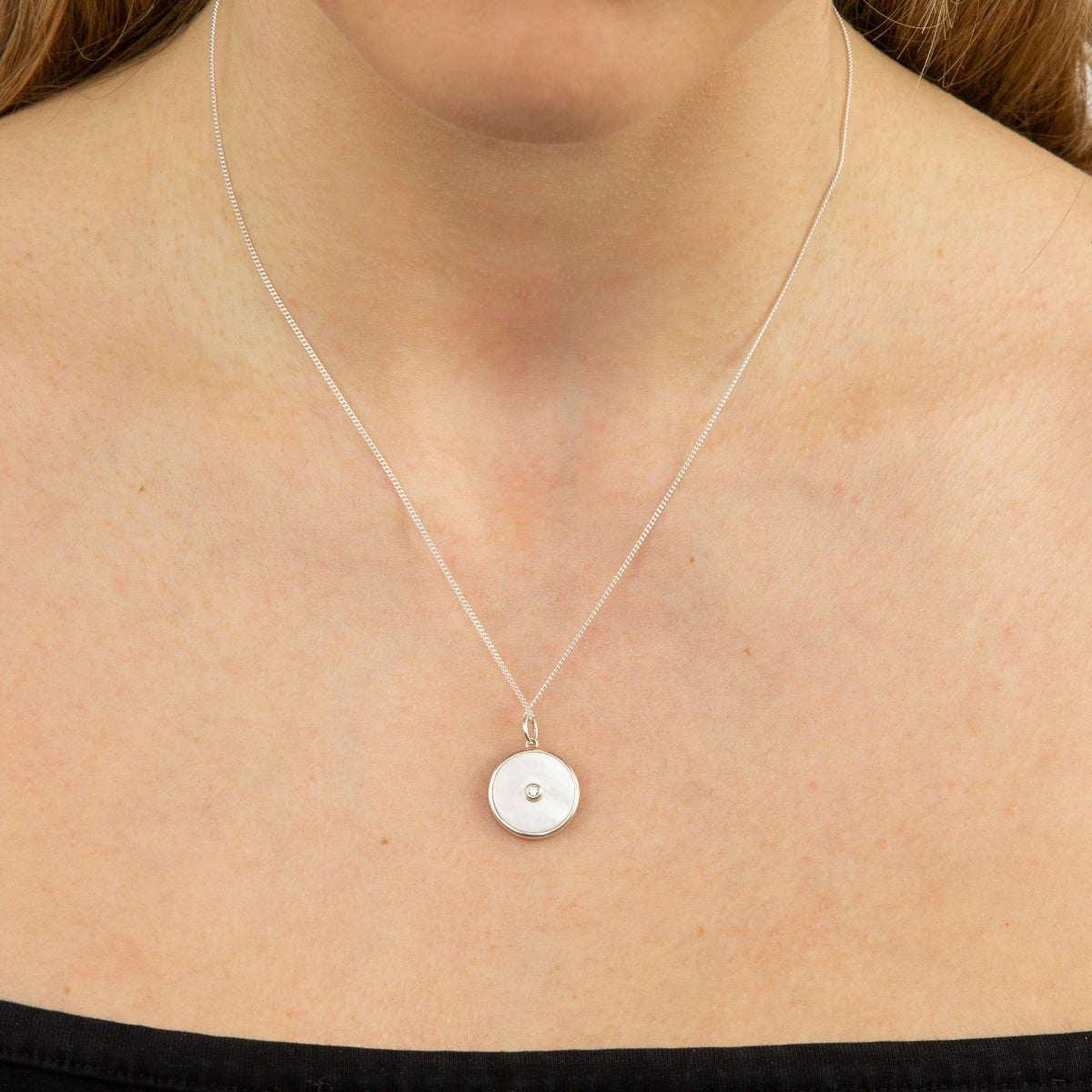 Beginnings Double Sided Mother of Pearl Disc Pendant with Cubic Zirconia